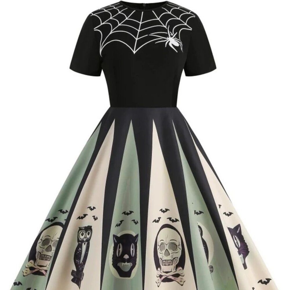 Retro Stage - 1950s Style Halloween Spider Web Print Patchwork Dress